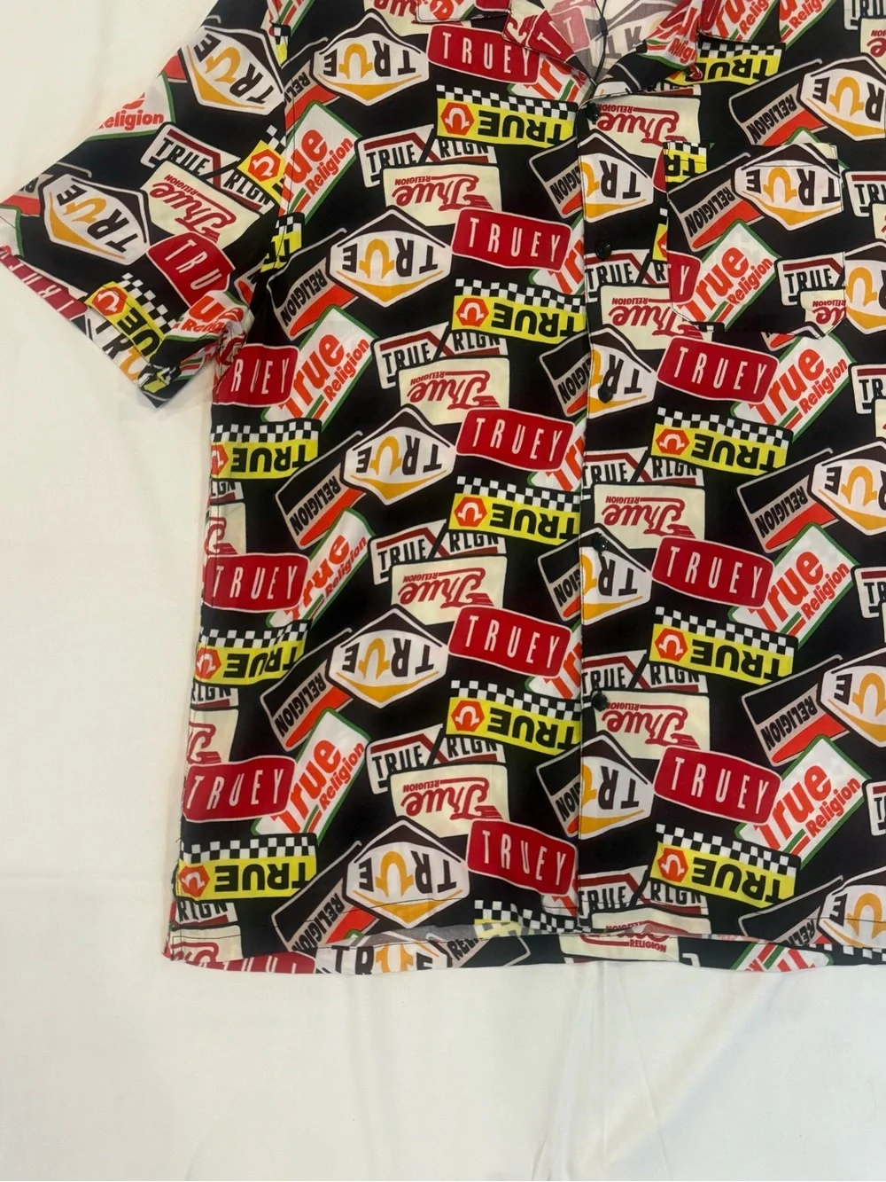 True Religion Brand Jeans Mens Camp Shirt Allover Print NWT L